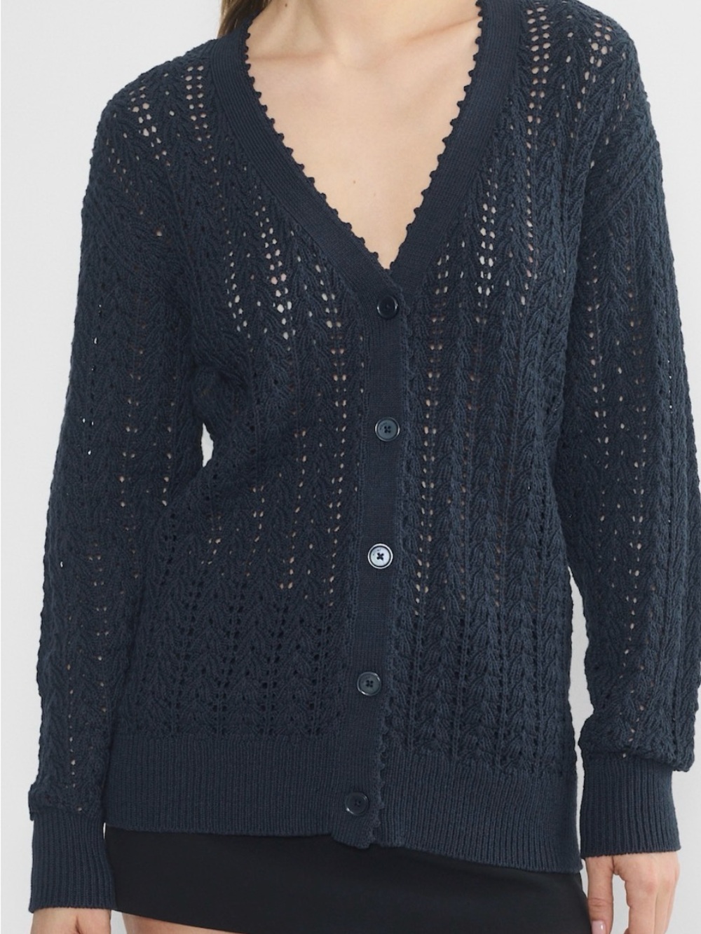 Women's Navy Openwork V-Neck Cardigan Sweater Wilfred Aritzia